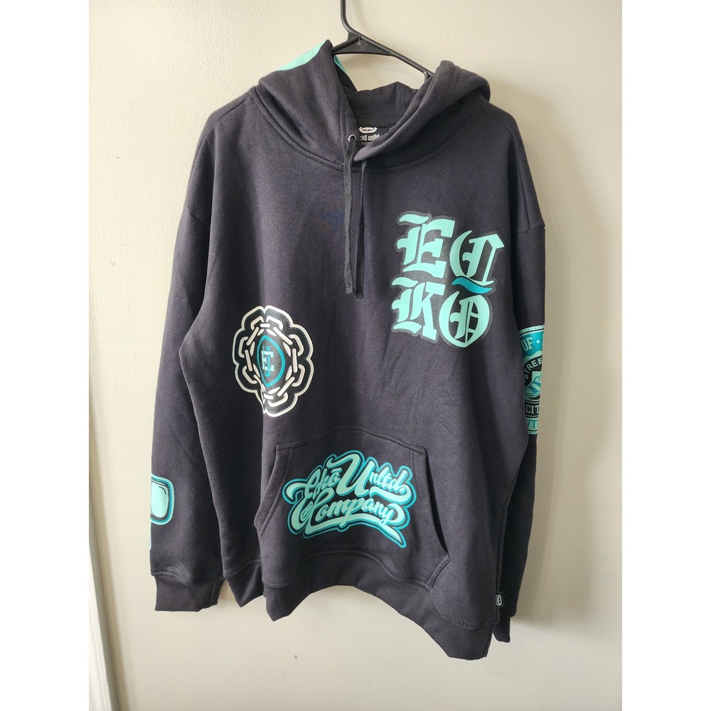 Ecko Unltd Mens Hoodie XL Black Teal Graphic Patch Streetwear Y2K Pullover